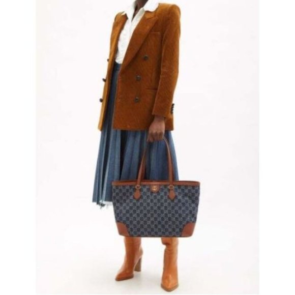 Gucci Ophidia GG Jacquard Denim Blue Brown Tote Bag Italy Leather Handbag New - Picture 10 of 15